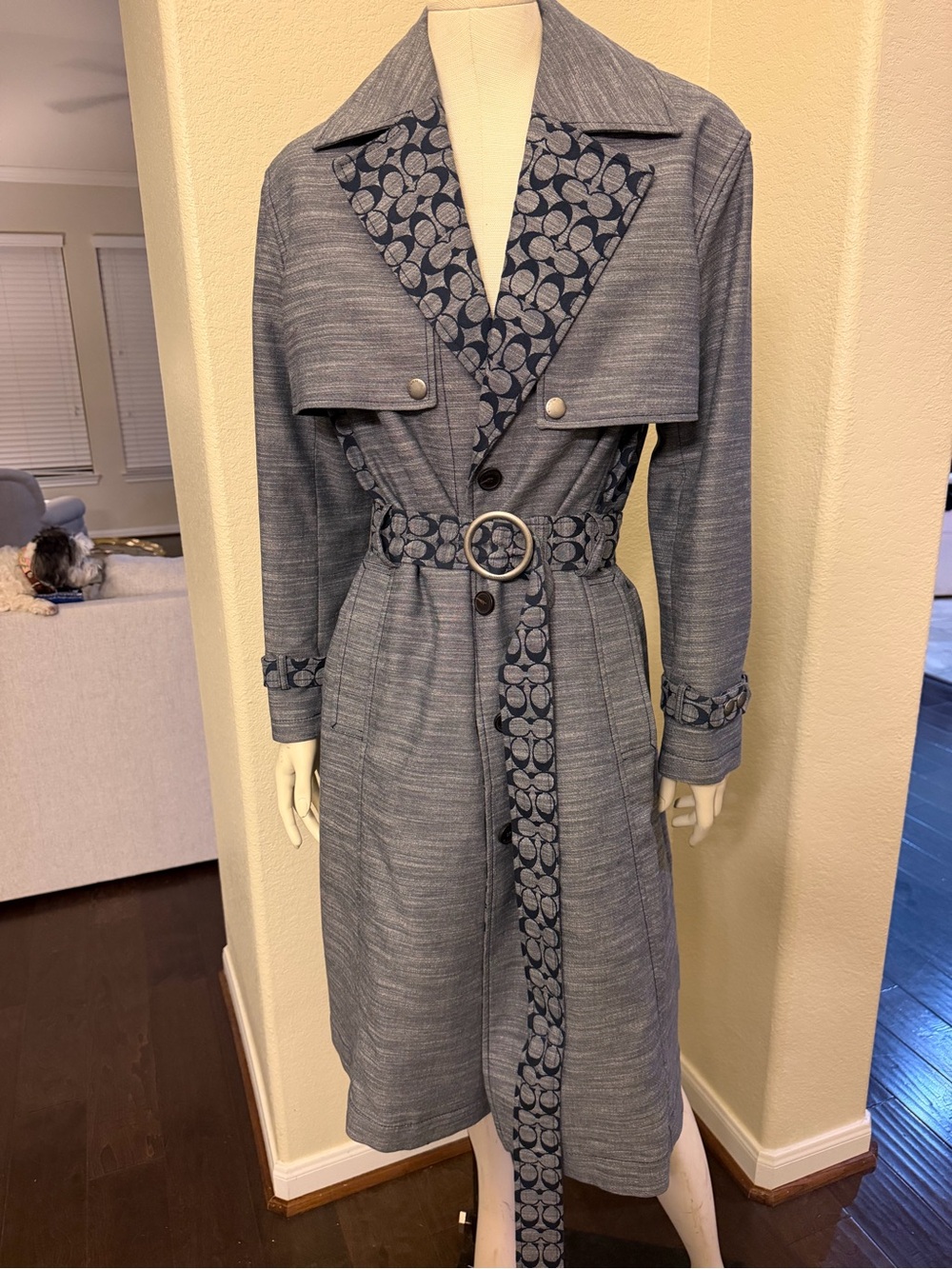Coach Blue Trench Coat with Signature Pattern Trim